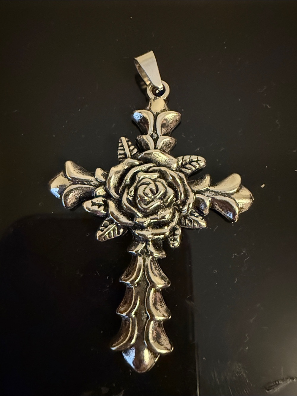 Silver-Tone Rose Cross Pendant